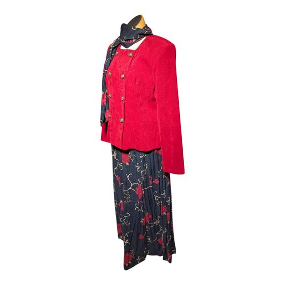Vtg 1990s Positive Attitude Red Chenille Blazer Rose Floral Maxi Skirt Set Sz 12 - Picture 1 of 6